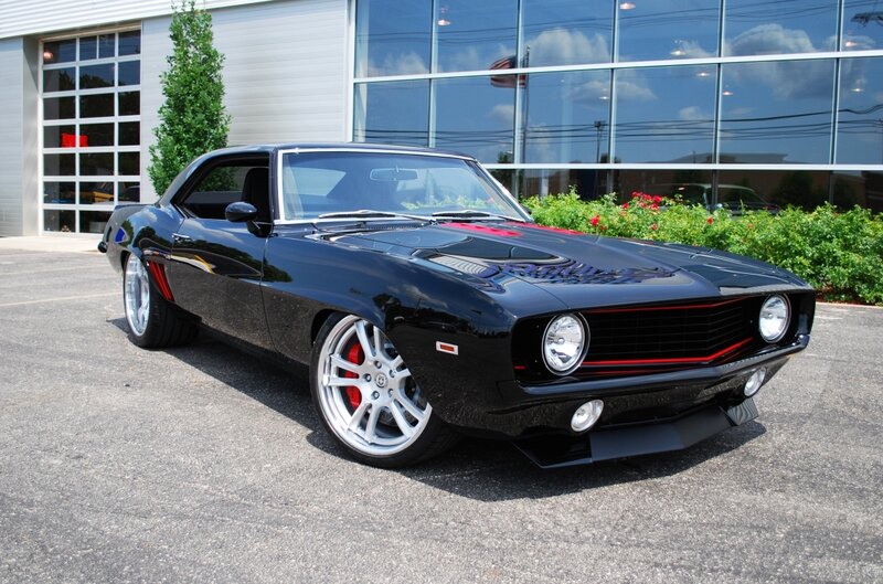 Black Muscle Car — Dramatic, Afternoon, Photograph, Building, Trees