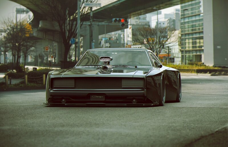 Black Muscle Car — Dramatic, Afternoon, Photograph, City Street
