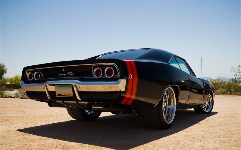 Black Muscle Car — Dramatic, Afternoon, Photograph, Desert, Mountains, License Plate
