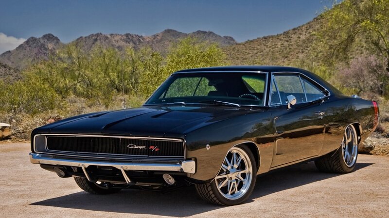 Black Muscle Car — Dramatic, Afternoon, Photograph, Mountains, Desert, Trees