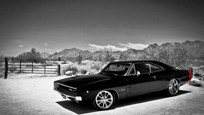 Black Muscle Car — Dramatic, Afternoon, Photograph, Mountains, Gate