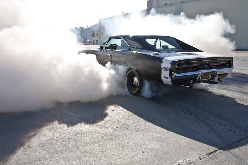 Black Muscle Car — Dramatic, Afternoon, Photograph, Smoke, Building