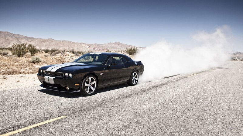 Black Muscle Car — Dramatic, Afternoon, Photograph, Smoke, Desert, Road, Gray