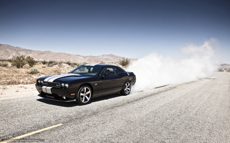 Black Muscle Car — Dramatic, Afternoon, Photograph, Smoke, Desert, Road