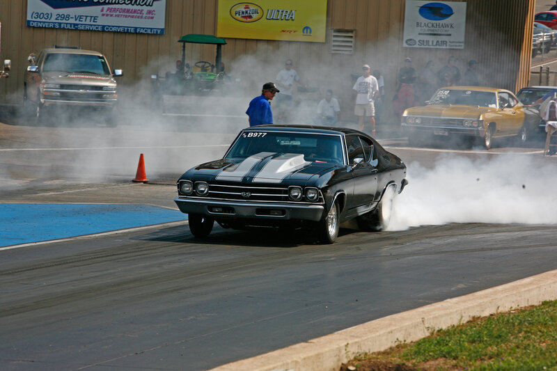 Black Muscle Car — Dramatic, Afternoon, Photograph, Smoke, Drag Strip