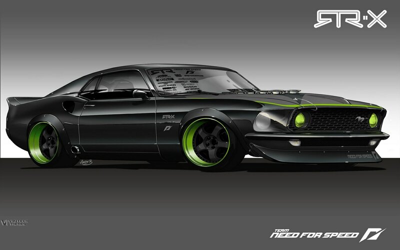 Black Muscle Car — Dramatic, Digital Art, Green Wheels, Carbon Fiber Grille