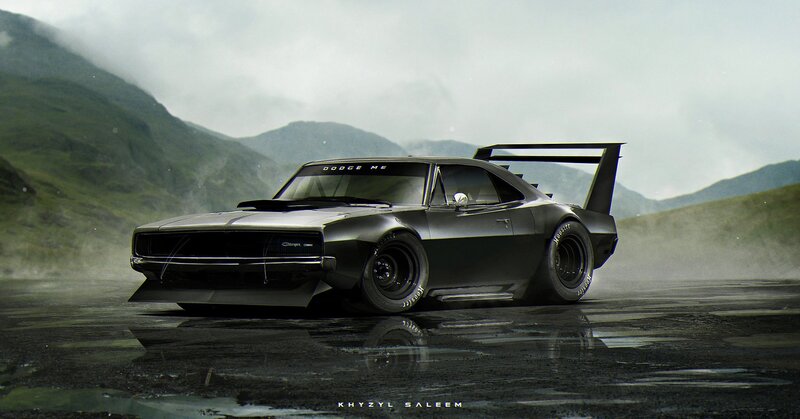 Black Muscle Car — Dramatic, Digital Art, Mountains