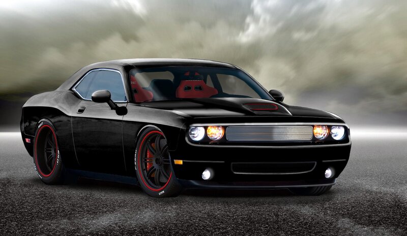 Black Muscle Car — Dramatic, Digital Art, Red Seats, Tires, Headlights