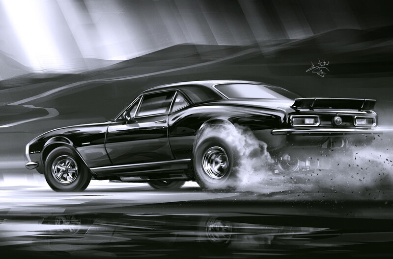 Black Muscle Car — Dramatic, Digital Art, Smoke, Road