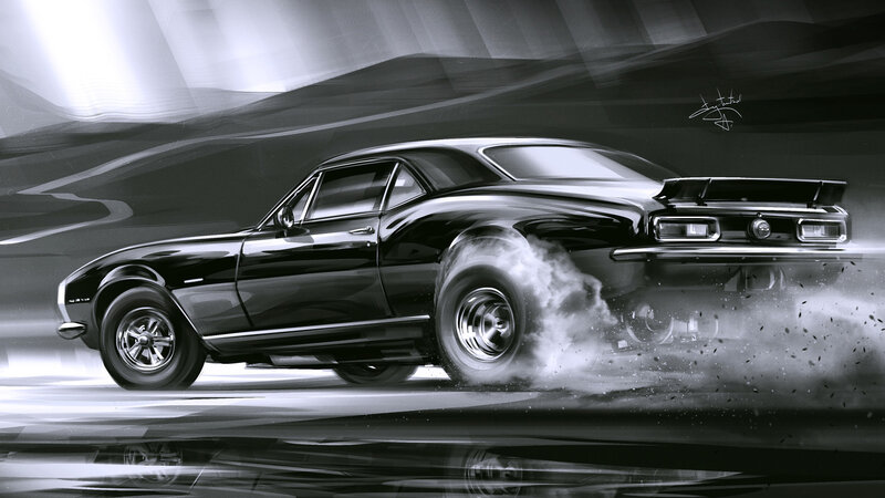 Black Muscle Car — Dramatic, Digital Art, Smoke, Tire
