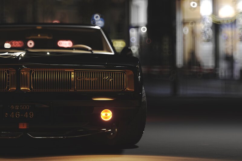 Black Muscle Car — Dramatic, Night, 3d Render, Car Grille