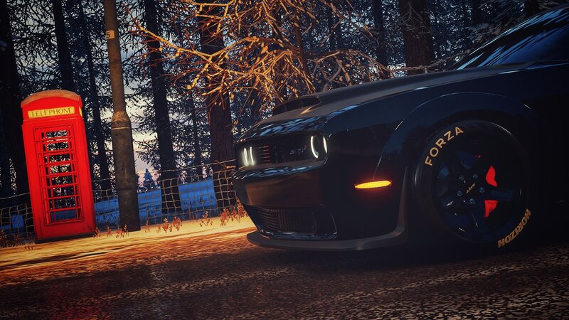 Black Muscle Car — Dramatic, Night, 3d Render, Red Telephone Booth