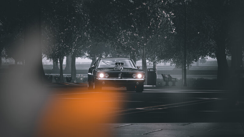 Black Muscle Car — Dramatic, Night, 3d Render, Trees