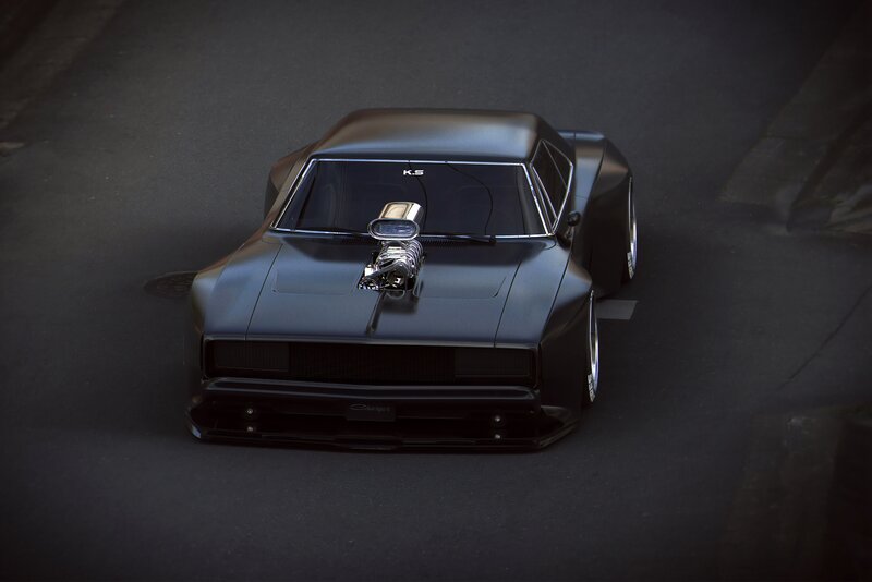 Black Muscle Car — Dramatic, Night, Digital Art, Engine