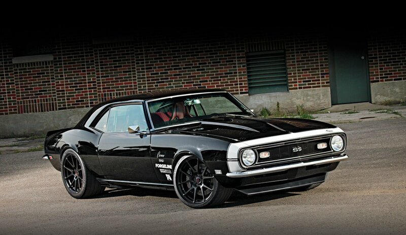 Black Muscle Car — Dramatic, Night, Photograph, Brick Wall
