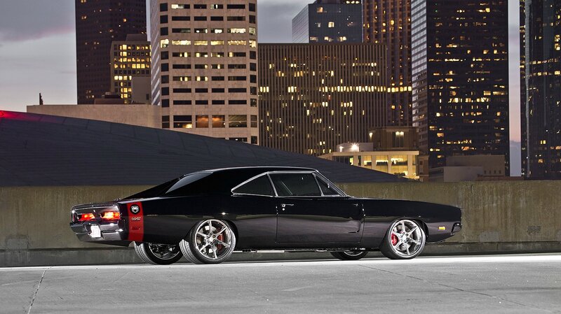 Black Muscle Car — Dramatic, Night, Photograph, City Skyline, Buildings