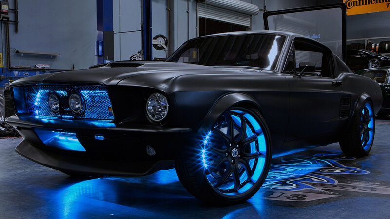 Black Muscle Car — Dramatic, Night, Photograph, Garage, Blue Lights