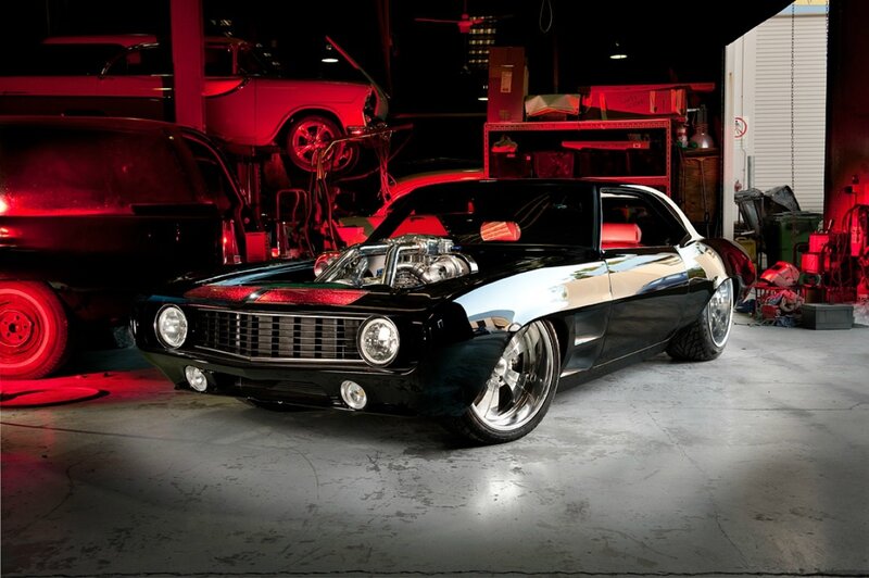 Black Muscle Car — Dramatic, Night, Photograph, Garage, Car Lift