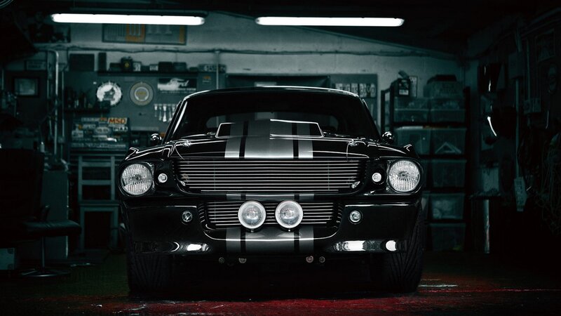 Black Muscle Car — Dramatic, Night, Photograph, Garage, Headlights