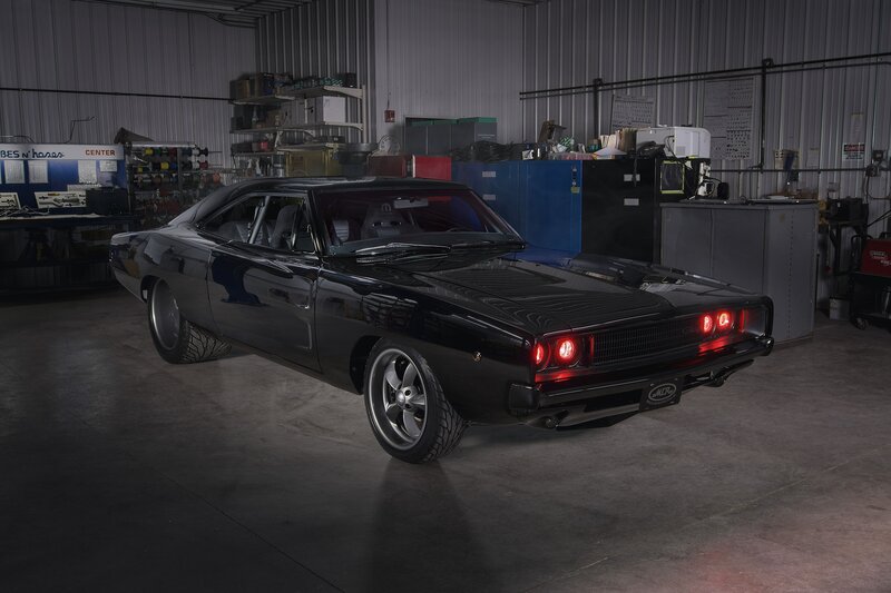 Black Muscle Car — Dramatic, Night, Photograph, Garage, Shelving