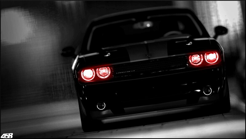 Black Muscle Car — Dramatic, Night, Photograph, Headlights