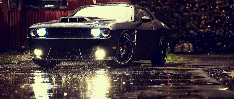 Black Muscle Car — Dramatic, Night, Photograph, Rain, Wet Pavement