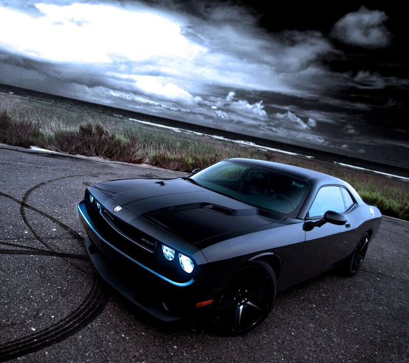 Black Muscle Car — Dramatic, Night, Photograph, Road, Clouds