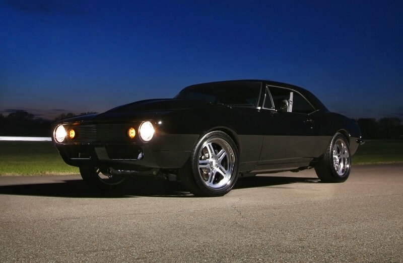 Black Muscle Car — Dramatic, Night, Photograph, Road, Sky