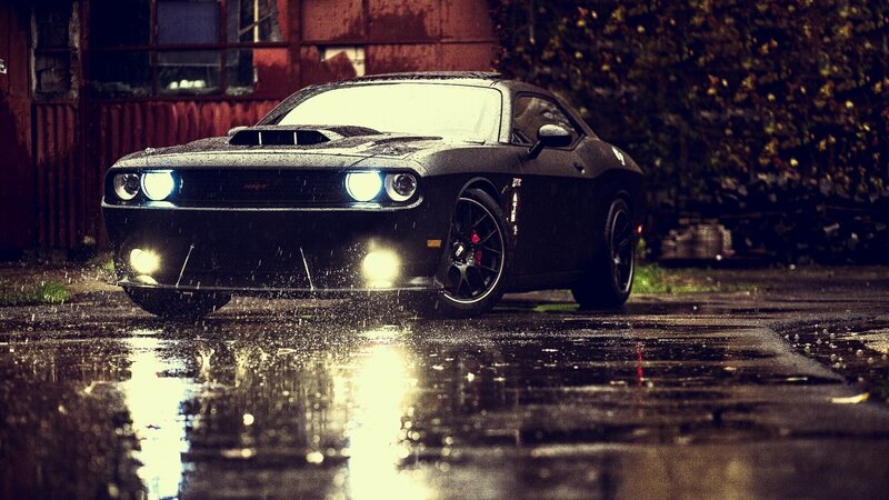 Black Muscle Car — Dramatic, Night, Photograph, Wet Pavement, Rain