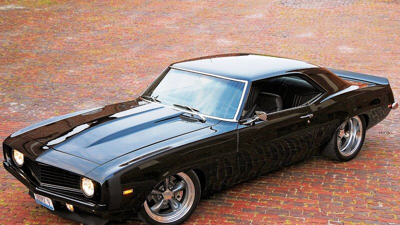 Black Muscle Car — Dramatic, Photograph, Brick Pavement