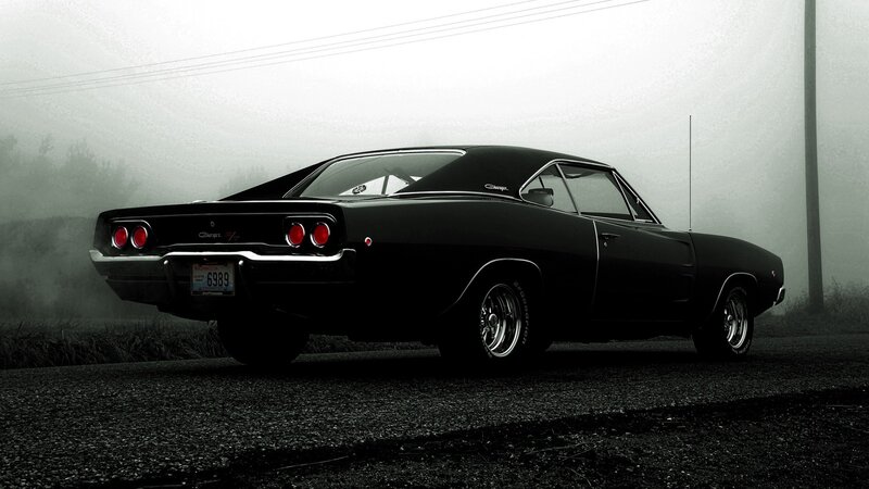 Black Muscle Car — Dramatic, Photograph, Fog, Road, Telephone Pole