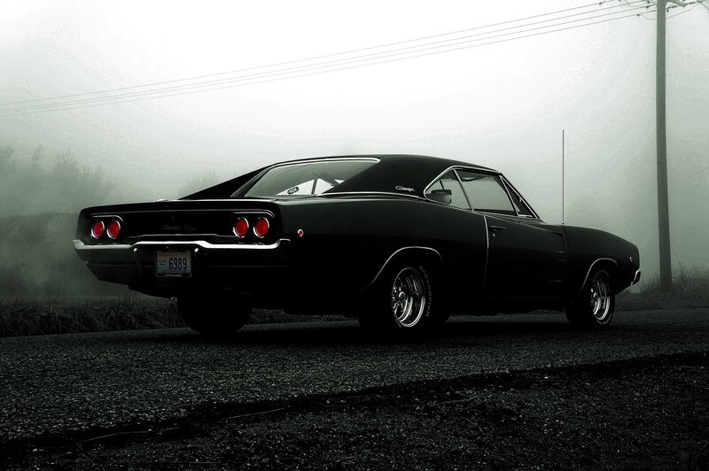 Black Muscle Car — Dramatic, Photograph, Fog