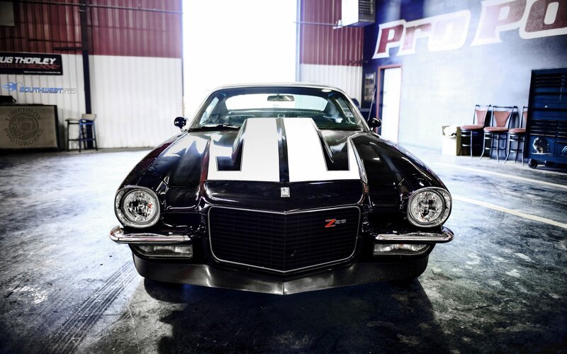 Black Muscle Car — Dramatic, Photograph, Garage, Stripes