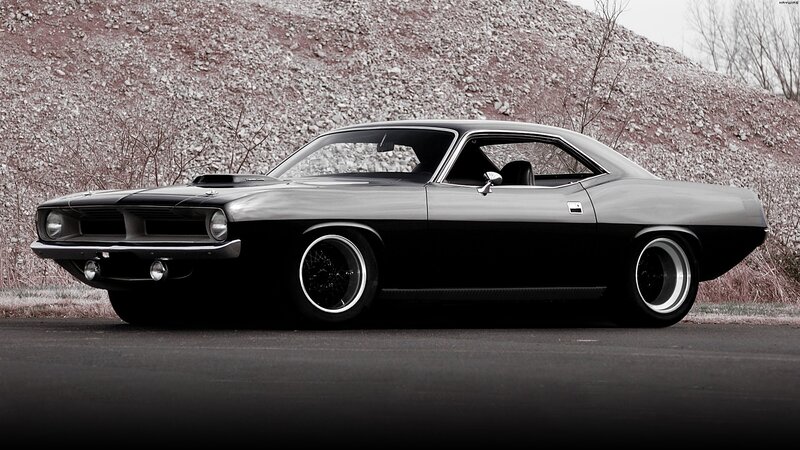 Black Muscle Car — Dramatic, Photograph, Gravel Hill, Road, Trees