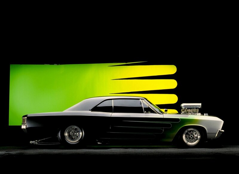 Black Muscle Car — Dramatic, Photograph, Green Background