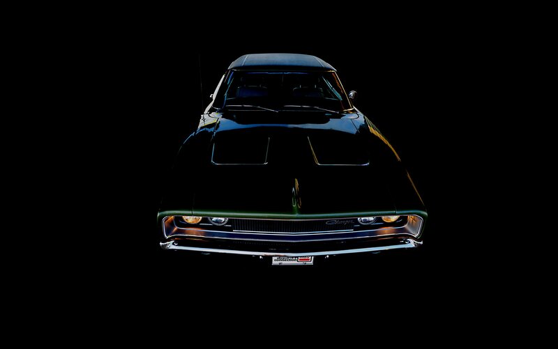 Black Muscle Car — Dramatic, Photograph, Headlights, Grille