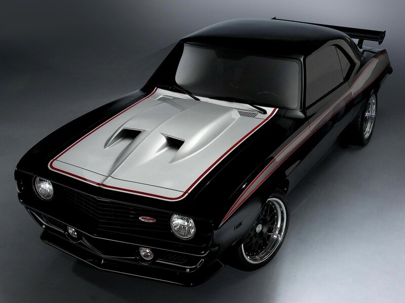 Black Muscle Car — Dramatic, Photograph, Hood Scoop, Twin Stripes