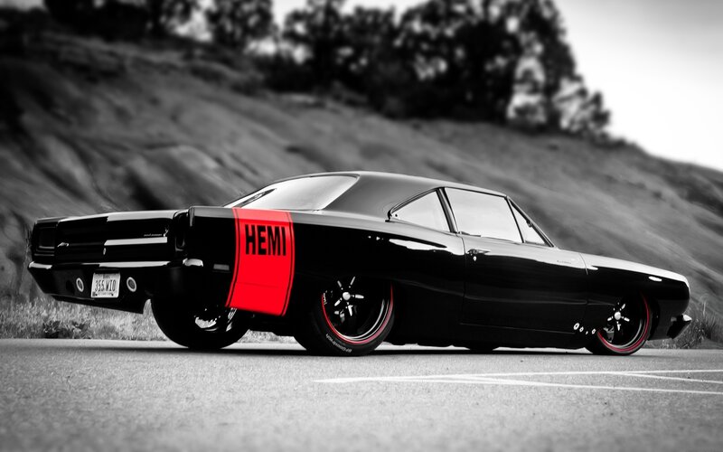 Black Muscle Car — Dramatic, Photograph, Road, Hill, Trees