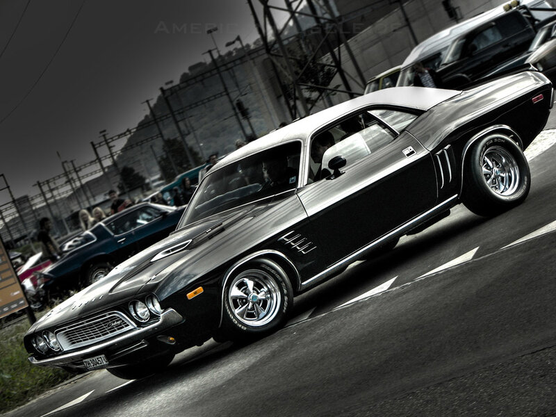 Black Muscle Car — Dramatic, Photograph, Road, People
