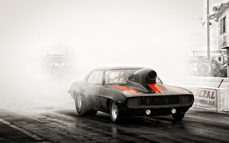 Black Muscle Car — Dramatic, Photograph, Smoke, Drag Strip