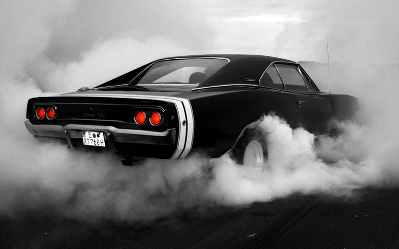 Black Muscle Car — Dramatic, Photograph, Smoke, Tire Marks