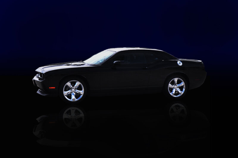 Black Muscle Car — Dramatic, Photograph, Wheels, Reflection