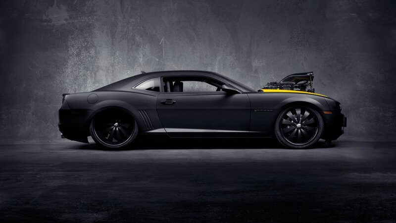 Black Muscle Car — Dramatic, Photograph, Yellow Stripe, Exposed Engine