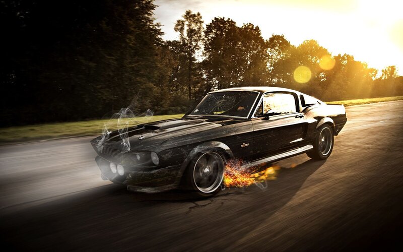 Black Muscle Car — Dramatic, Sunset, Digital Art, Fire