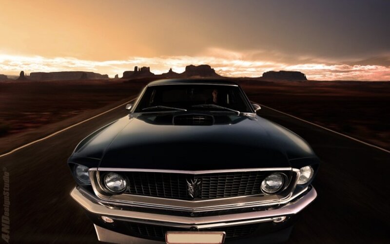 Black Muscle Car — Dramatic, Sunset, Digital Art, Road