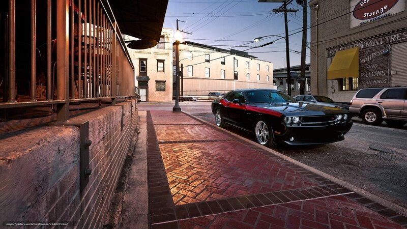 Black Muscle Car — Dramatic, Sunset, Photograph, Brick Sidewalk, Street Lamp