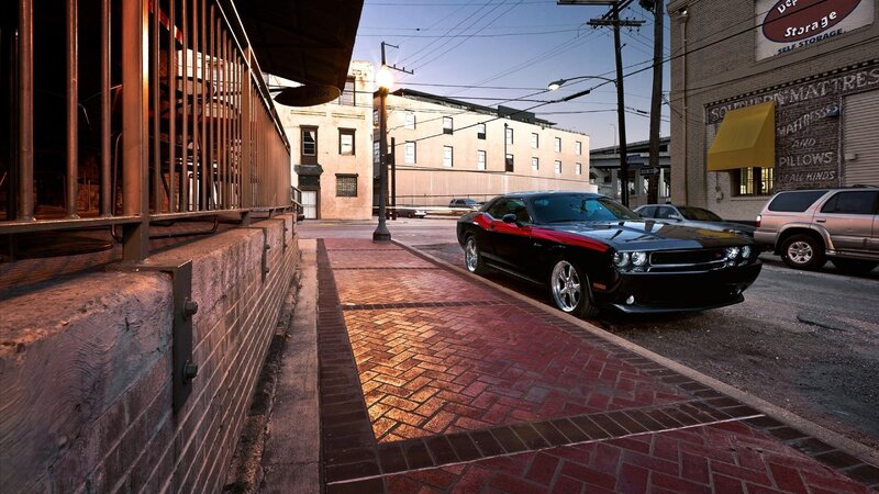 Black Muscle Car — Dramatic, Sunset, Photograph, Brick Sidewalk