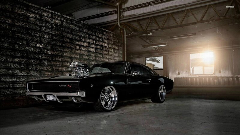 Black Muscle Car — Dramatic, Sunset, Photograph, Brick Wall, Sunlight, Garage
