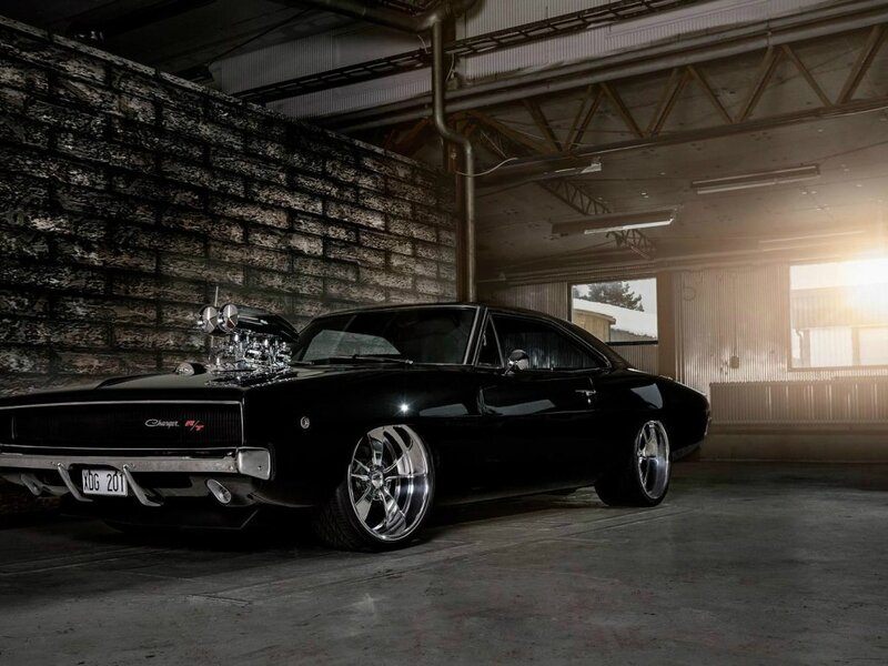 Black Muscle Car — Dramatic, Sunset, Photograph, Brick Wall, Sunlight