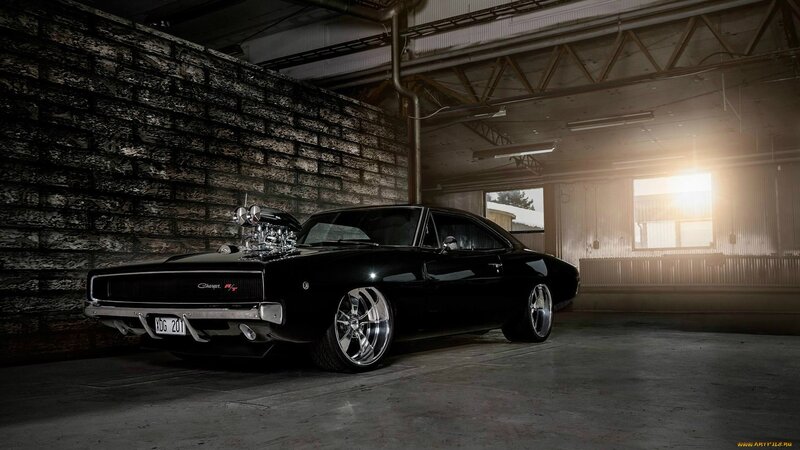 Black Muscle Car — Dramatic, Sunset, Photograph, Brick Wall